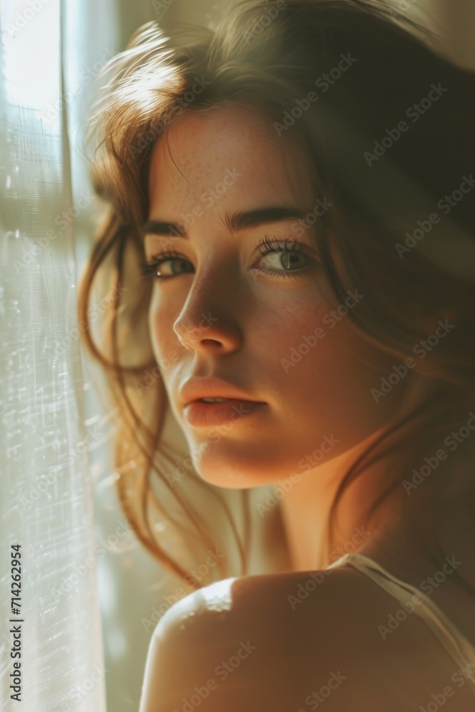 Wall mural a woman with long hair looking out a window. suitable for lifestyle and introspection concepts