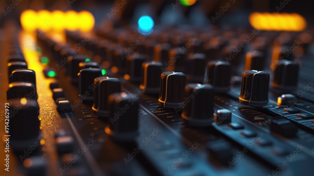 Poster a detailed close-up of a sound board in a recording studio. perfect for illustrating the technical a