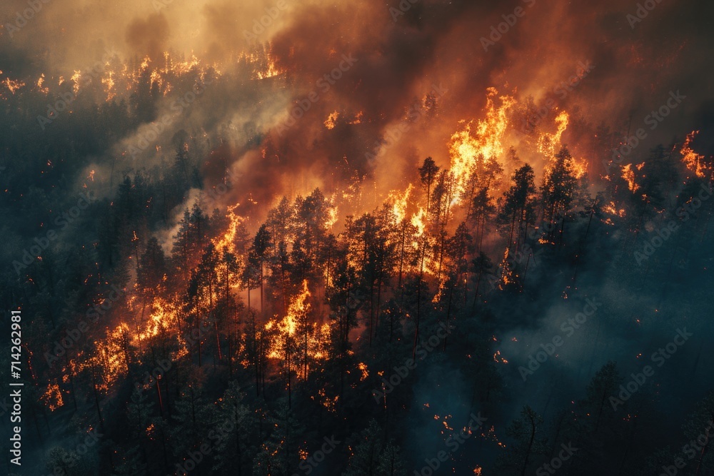 Poster a large fire blazing through a forest. can be used to depict the destructive power of wildfires and 