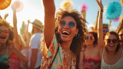 A lively gathering of people enjoying themselves at a music festival. Perfect for capturing the energetic atmosphere and excitement of live music events.