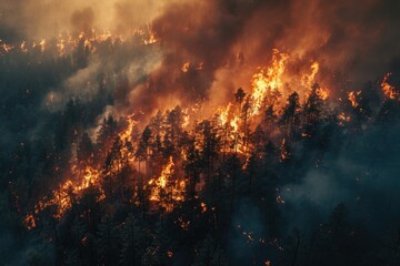 A large fire blazing through a forest. Can be used to depict the destructive power of wildfires and the importance of forest fire prevention