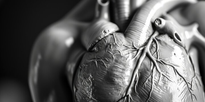 A black and white photo of a human heart. Suitable for medical or educational purposes