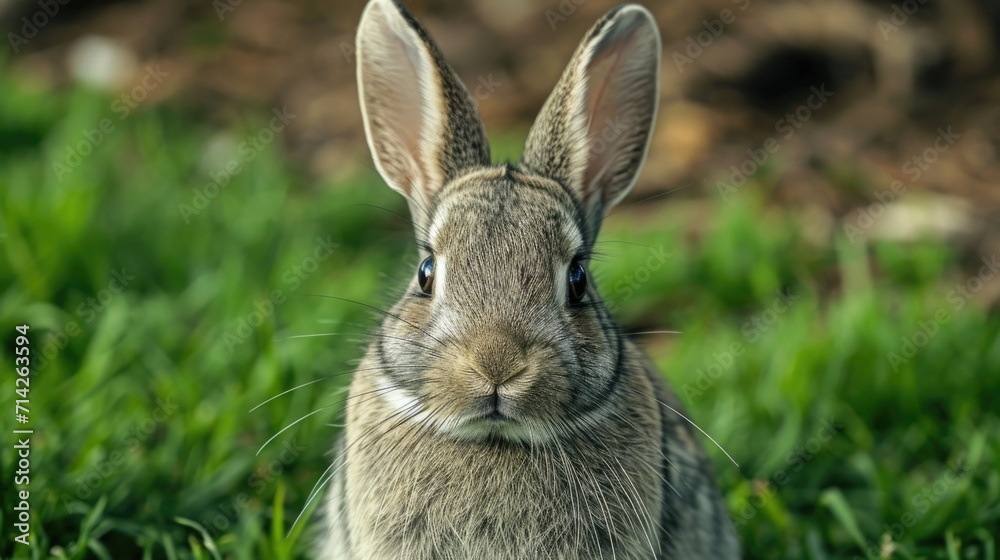 Poster A close-up photo of a rabbit sitting in the grass. Suitable for various uses