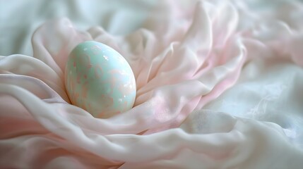 a close up of an egg on a pink and white blanket - obrazy, fototapety, plakaty