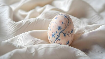 a painted egg sitting on top of a bed