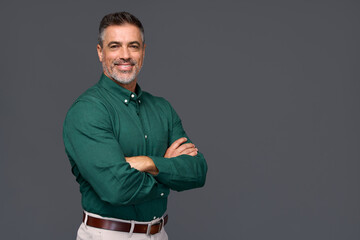 Portrait of elegant older business man, smiling middle aged mature businessman professional ceo or...