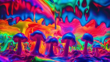Mushrooms in the rainforest. Colorful magic mushrooms.
