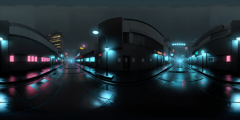 equirectangular cyberpunk city street 360 degree HDRI map - obrazy, fototapety, plakaty
