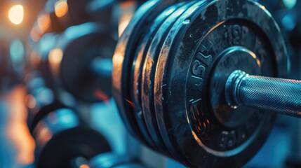 A detailed close-up of a barbell in a gym. Perfect for fitness and weightlifting-related projects - obrazy, fototapety, plakaty