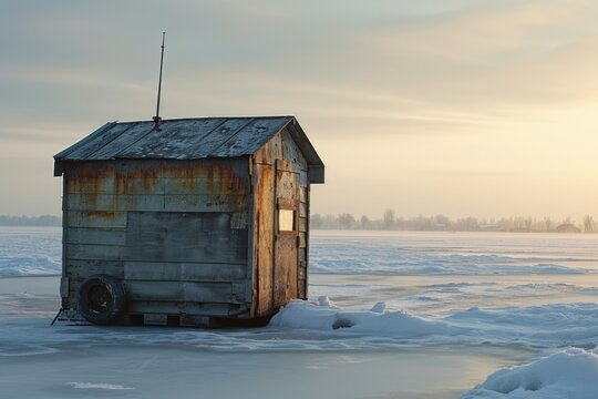 A small shack sitting in the middle of a frozen lake. This image can be used to depict winter landscapes or solitude in nature
