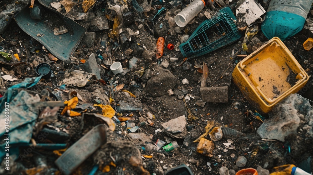 Poster a pile of garbage with a yellow box. can be used to depict waste management or environmental issues