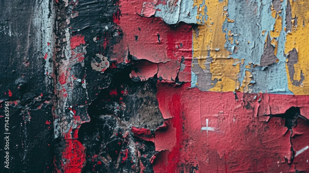 Poster a detailed close up of peeling paint on a wall. this image can be used to depict decay, weathering, 