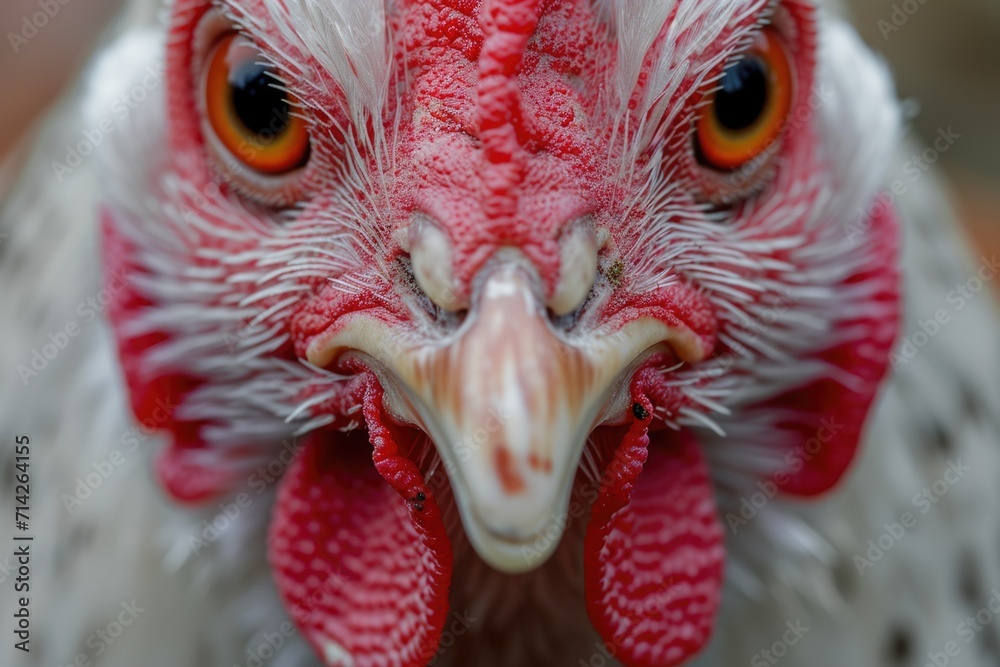 Aufkleber A detailed view of a chicken with a vibrant red beak. This image can be used to depict farm animals or to add a pop of color to any design