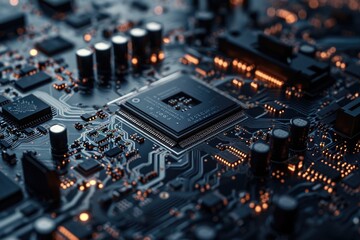 A detailed close up of a computer motherboard. Perfect for technology-related projects or articles - obrazy, fototapety, plakaty
