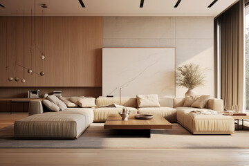 Sofa set and decor modern minimal living room interior design tan colors