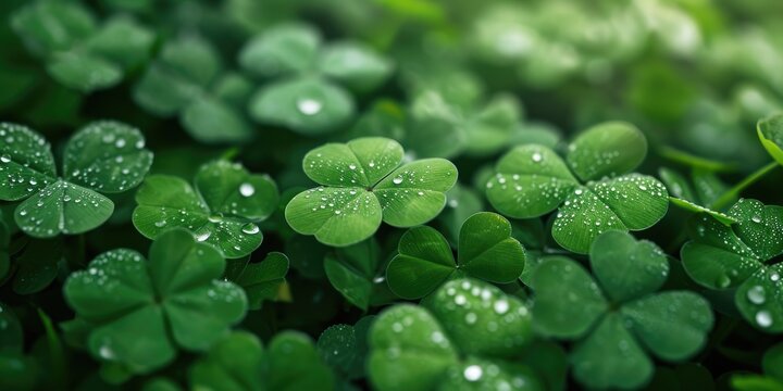 A picture of a bunch of green clovers with water droplets on them. Perfect for St. Patrick's Day or nature-themed designs
