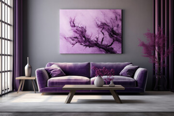 Sofa set and decor modern minimal living room interior design violet colors