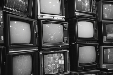 A black and white photo of a bunch of televisions. Suitable for use in media, technology, or vintage-themed projects - obrazy, fototapety, plakaty