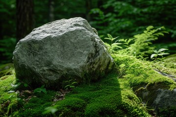 A large rock sitting on top of a vibrant green forest. Perfect for nature-themed designs and environmental concepts