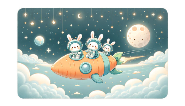 人参型スペースシャトルで宇宙旅行をするウサギたち　generated ai
