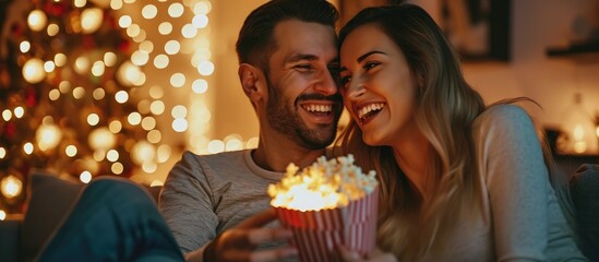 Happy couple sharing popcorn while watching a movie in a cozy living room with twinkling lights.