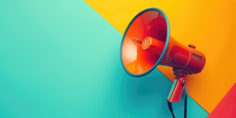 A vibrant image featuring a red and yellow megaphone placed on a colorful background. Perfect for advertising and communication concepts - obrazy, fototapety, plakaty