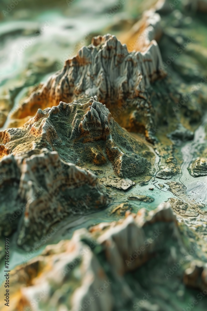 Poster a detailed close-up shot of a model depicting a mountain. suitable for various creative projects