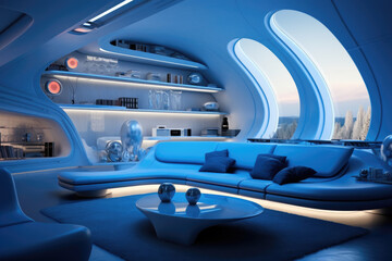 Sofa set and decoration minimal modern futuristic living room interior design true blue colors - obrazy, fototapety, plakaty