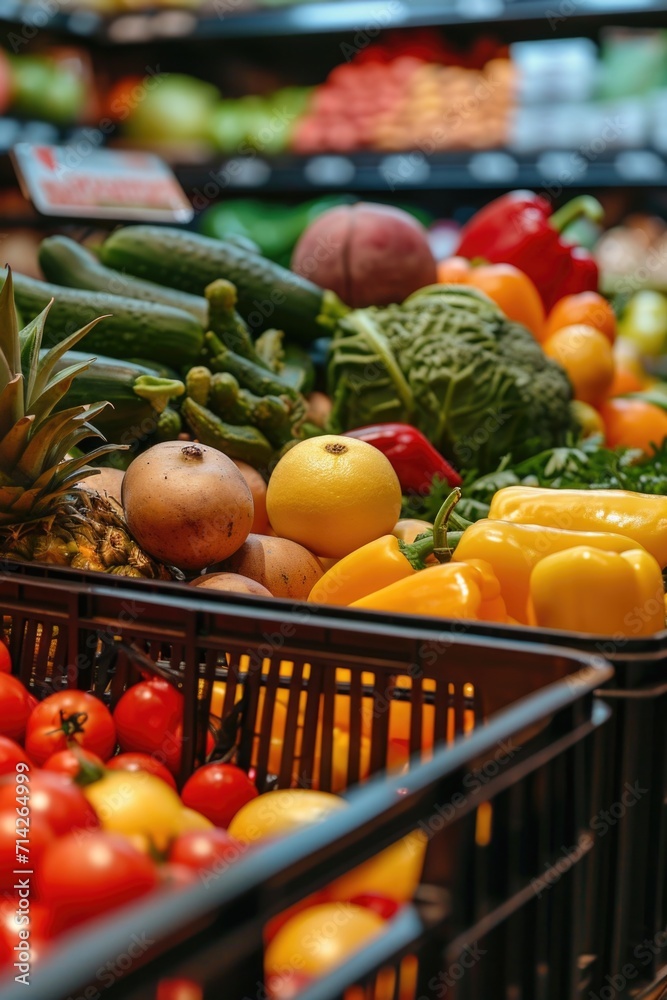 Poster assorted fruits and vegetables displayed in baskets. perfect for healthy eating concepts or farm-to-