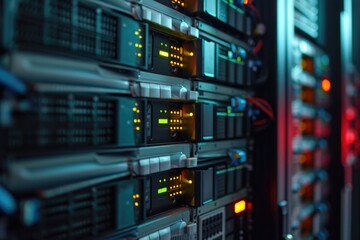 A picture of a server room with a row of servers. This image can be used to illustrate technology, data storage, networking, or IT concepts