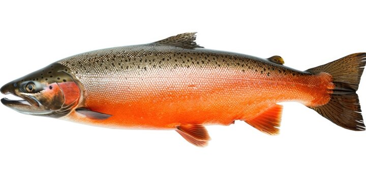 A fish standing upright on a white surface. Can be used to depict uniqueness, balance, or adaptability