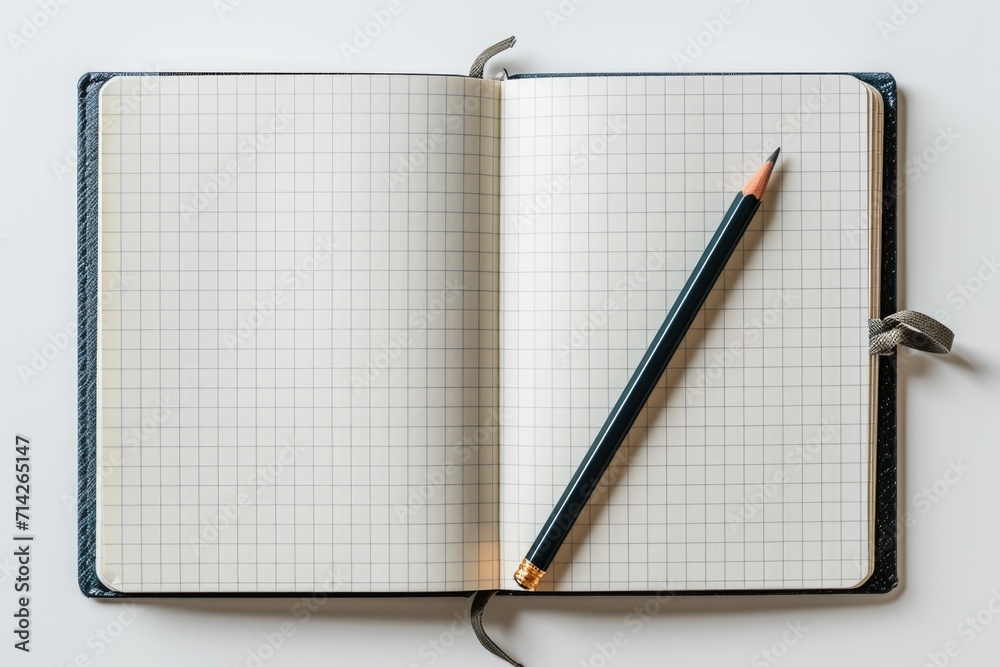 Poster An open notebook with a pencil sticking out of it. This image can be used for office supplies, creativity, or writing-related concepts