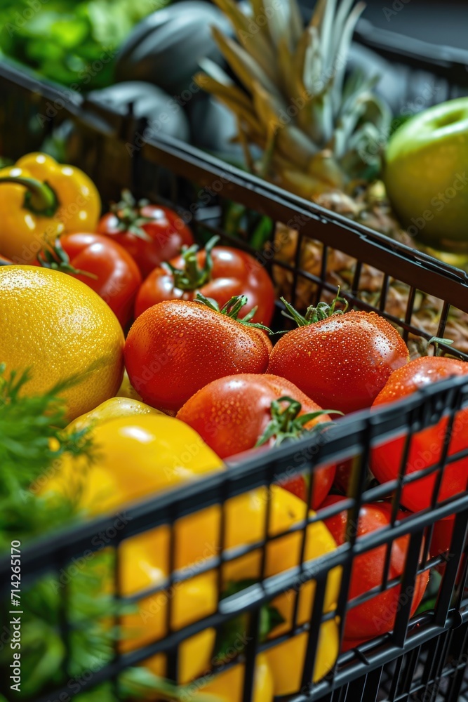 Poster a close-up view of a basket filled with various fruits and vegetables. this image can be used to sho