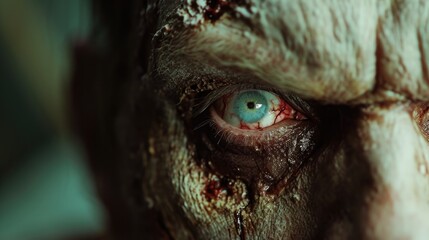 A close-up view of a person's eye with blood on it. This image can be used to depict various concepts such as injury, pain, trauma, or medical conditions.