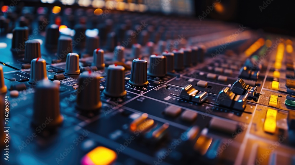 Aufkleber A detailed view of a mixing board in a recording studio. Ideal for illustrating the process of audio mixing and production.