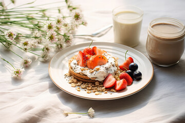 Healthy breakfast set on sunny background. The concept of delicious and healthy food. Generative AI