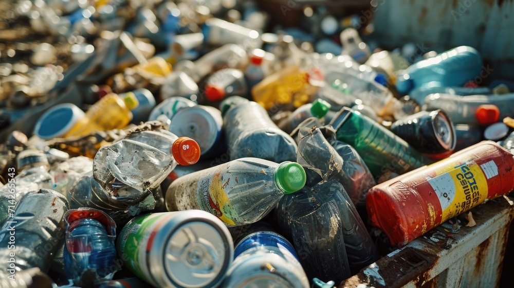 Poster a pile of empty plastic bottles and cans. suitable for environmental and recycling concepts