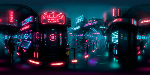 Full 360 degrees seamless spherical panorama HDRI equirectangular projection of Cyberpunk Night City Tron Future. Texture environment map for lighting and reflection source rendering 3d scenes. - obrazy, fototapety, plakaty