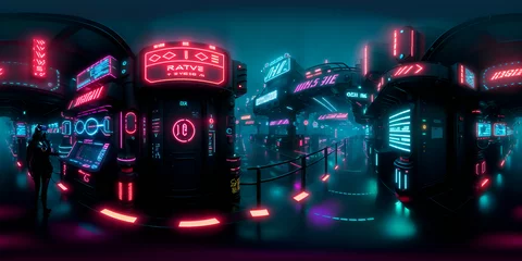 Foto op Aluminium Full 360 degrees seamless spherical panorama HDRI equirectangular projection of Cyberpunk Night City Tron Future. Texture environment map for lighting and reflection source rendering 3d scenes. © alemstar