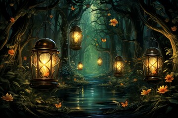 Mystical firefly lanterns, guiding lost souls through the depths of the enchanted forest - Generative AI