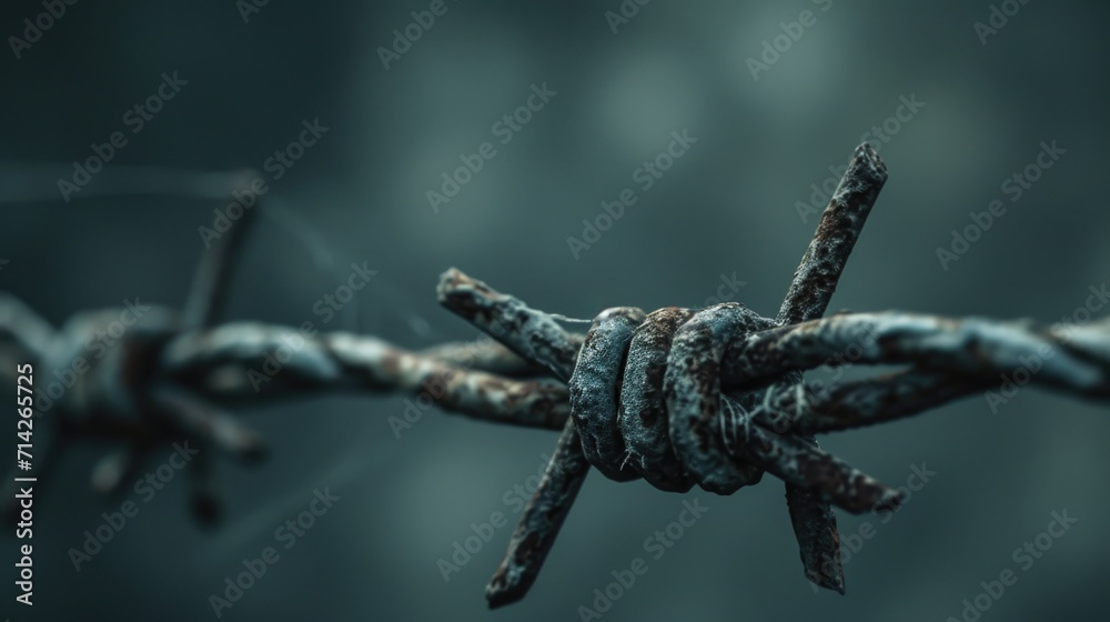 Poster a detailed view of a barbed wire fence. this image can be used to depict concepts such as security, 