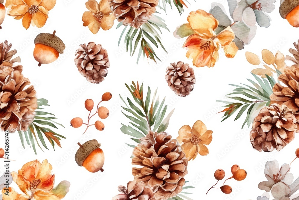 Aufkleber Pine cones and flowers arranged together on a clean white background. Perfect for adding a touch of nature to your designs or projects