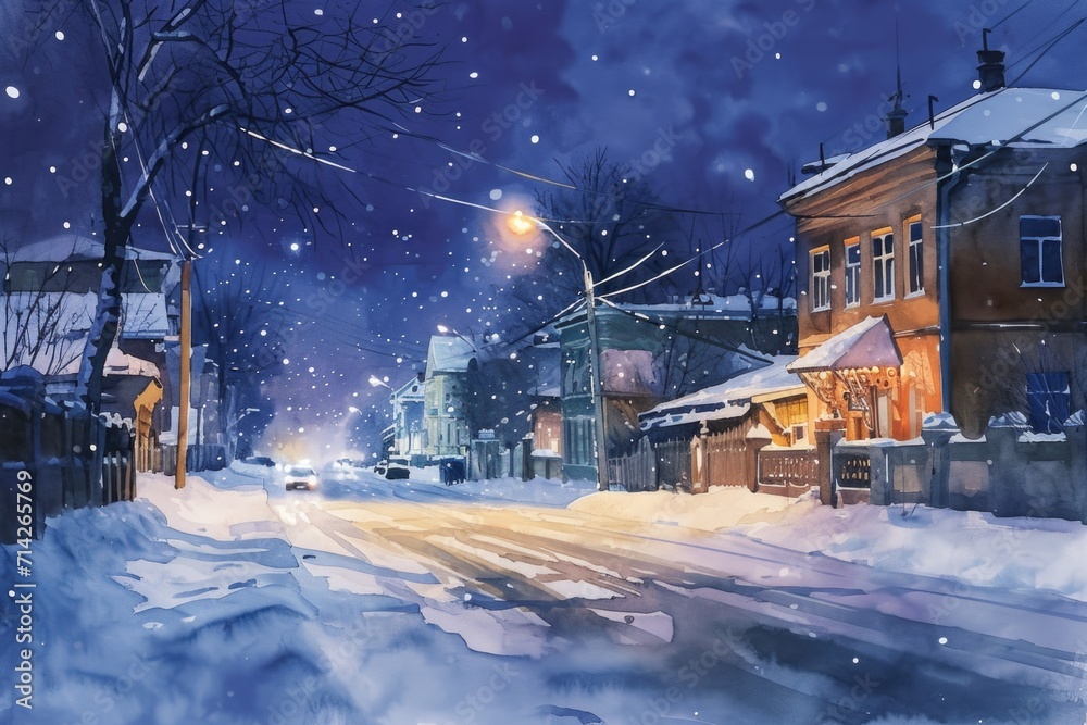 Poster a beautiful painting depicting a snowy street at night. perfect for adding a touch of winter charm t