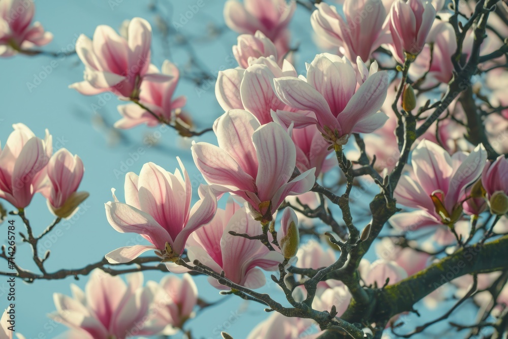 Poster A close-up view of a tree with vibrant pink flowers. This image captures the beauty and detail of the delicate blossoms. Perfect for adding a touch of nature to any project or design
