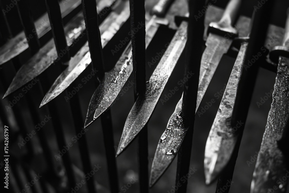 Poster A close-up photograph of a bunch of knives arranged on a fence. This image can be used to depict concepts such as danger, security, crime, or even a horror setting