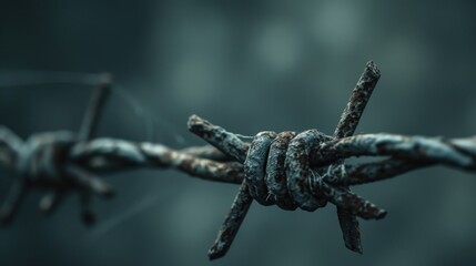 A detailed view of a barbed wire fence. This image can be used to depict concepts such as security, boundaries, confinement, or danger