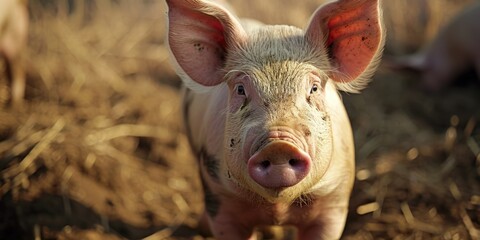 Fototapeta premium A pig standing in a pile of hay. This image can be used to depict farm animals or agriculture