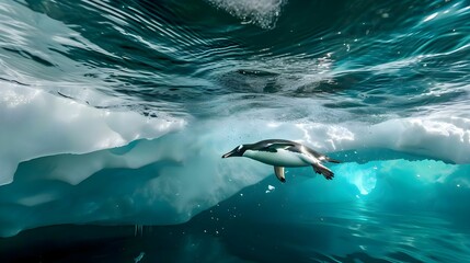 a penguin swimming in the water near an iceberg