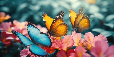 Obraz na płótnie Canvas Colorful butterflies gathered on a flower, creating a vibrant and lively scene. Perfect for nature and wildlife themes, as well as summer and garden-related concepts