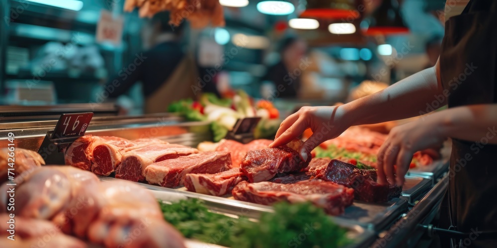 Poster A person is picking up meat from a counter. This image can be used to showcase the process of buying fresh meat or for illustrating a butcher shop or grocery store